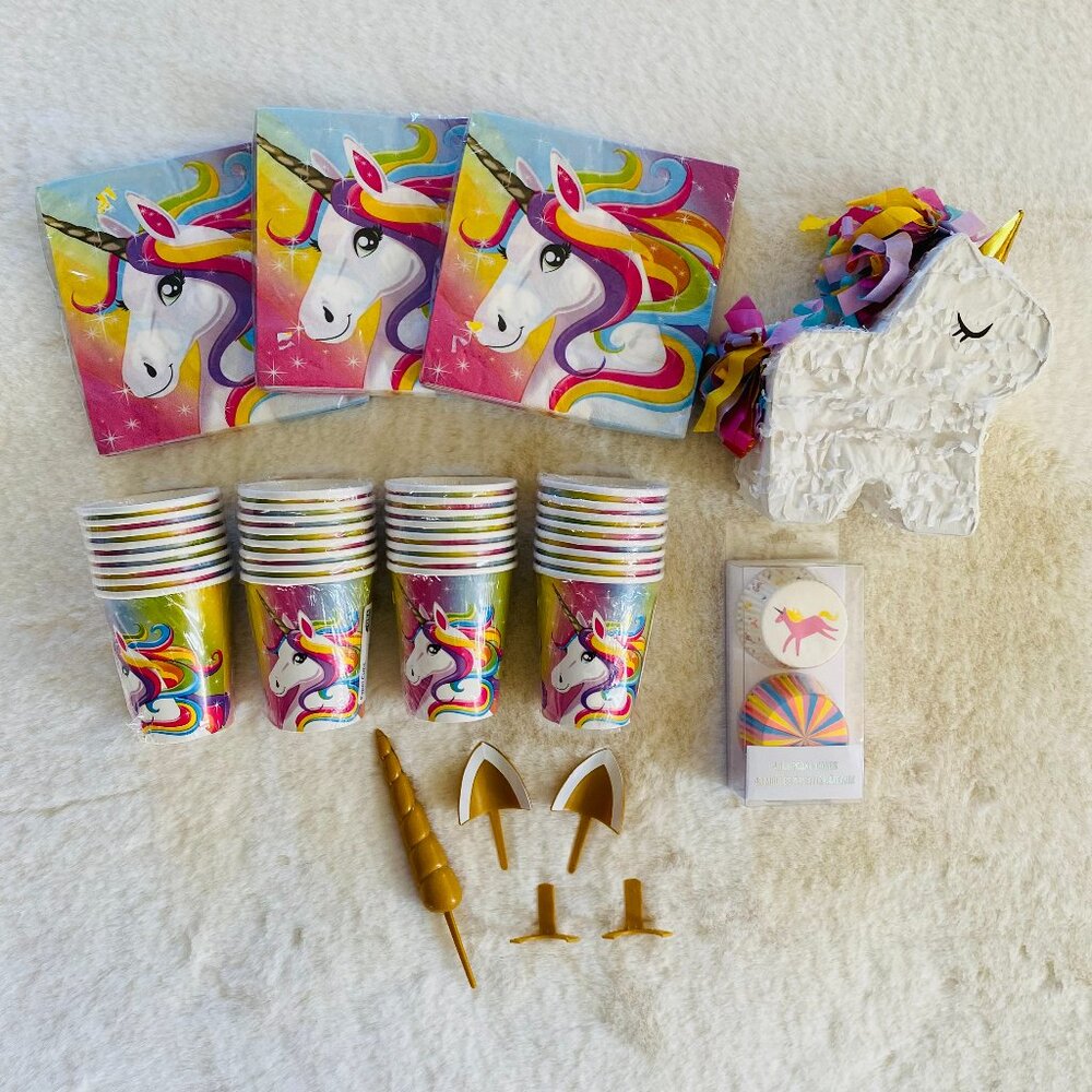 Unicorn Birthday Party Bundle w/Plates, Napkins, Cups, Cake Topper & More NEW
